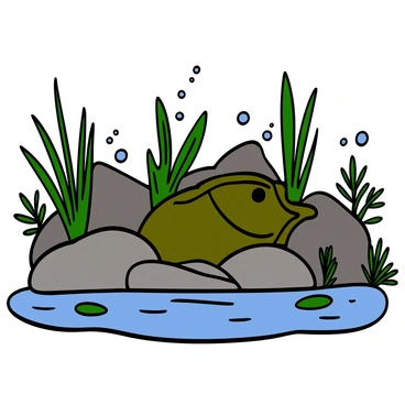 A large-mouth bass with a greenish body and a darker, olive-colored back is partially hidden among various smooth rocks and vibrant green foliage in a freshwater stream. The fish has its mouth open slightly, showcasing its large jaw. Sunlight filters through the water, casting patterns of light on the surrounding rocks and creating a shimmering effect. The foliage includes several aquatic plants with long, thin leaves and some small floating plants. Bubbles can be seen rising to the surface, adding to the lively underwater scene.