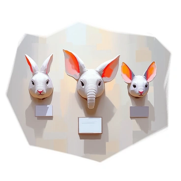 A gallery wall showcasing various animal ears like rabbit, elephant, and bat