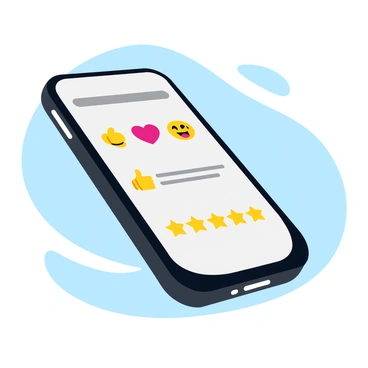 A sleek smartphone with a shiny black screen is positioned at a slight angle. The screen displays a feedback app interface featuring vibrant emojis, including a smiling face, a thumbs-up, and a heart. Below the emojis, there are several star ratings, with the stars in bright yellow. The background of the smartphone is a soft gradient blending from light blue to white, enhancing the visibility of the app. The overall composition emphasizes the interactive nature of the feedback app.