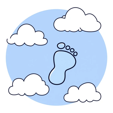 A single digital footprint is depicted floating among fluffy white clouds in a bright blue sky. The footprint is designed with a glossy, metallic texture, reflecting light from the sun. The clouds are soft and rounded, varying in size and shape, creating a whimsical atmosphere around the footprint. Some clouds are slightly darker at their edges, adding depth to the scene.