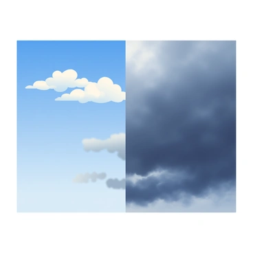 A dramatic sky featuring a clear division between "calm blue skies" and "dark storm clouds." The vibrant blue area is filled with a few fluffy white clouds, while the dark storm clouds are heavy and swirling, casting shadows below. The horizon line distinctly separates the two contrasting atmospheres. The light in the blue sky gives a feeling of brightness, while the storm clouds appear charged with energy and intensity. The overall composition captures the tension between the two weather patterns.