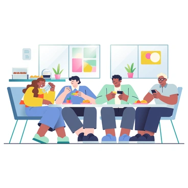 A group of five employees is seated at a large, white table in a bright and modern office cafeteria. The employees, consisting of two women and three men, are engaged in lively conversation while enjoying their lunches. One woman with long brown hair is wearing a yellow blouse and is laughing, while the other woman, with short black hair, is wearing a blue dress and holding a sandwich. One man, with glasses and a light blue shirt, is pouring water from a clear pitcher. Another man, with curly hair, is eating a salad, and the third man, in a grey polo, is checking his phone. The cafeteria features large windows that allow natural light to flood the space, with colorful artwork adorning the walls and green plants placed on the windowsills. In the background, a modern coffee machine is visible along with trays of pastries on a counter.