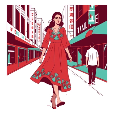 A woman in a red and teal colorful, patterned outfit is walking confidently down a bustling city street. The outfit consists of a flowing dress with intricate geometric designs and vibrant colors. She has her hair styled elegantly, and her expression is one of determination. Around her, tall buildings with bright signage and various shops line the street, creating a lively urban atmosphere. The pavement reflects the sunlight, enhancing the colors of her outfit and the surroundings.
