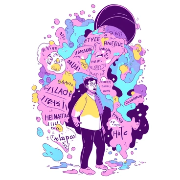 A person splashed with a bucket of paint made of negative words