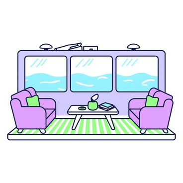 The interior of a blue yacht features plush seating arranged around a central coffee table. The seats are upholstered in soft fabric, providing a comfortable area for relaxation. Large windows span across one side of the yacht, offering a panoramic view of the sea, with waves gently lapping against the hull. The flooring is polished wood, adding to the luxurious feel of the space. On the coffee table, there are decorative items such as a small vase and a few magazines. Subtle lighting fixtures are mounted on the walls, creating an inviting atmosphere.