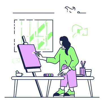 An artist in a minimal studio painting on a canvas with just a few colors.