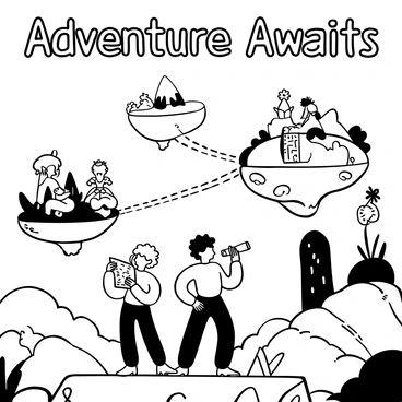 A group of anime characters, including a girl with long flowing hair and a boy with spiky hair, are standing on a rocky ledge overlooking a vibrant landscape. Floating islands hover in the sky, connected by delicate bridges made of shimmering light. One character is holding a map, while another looks through a telescope. Lush greenery and mystical plants grow on the islands, and waterfalls cascade from their edges into the clouds below. "Adventure Awaits" is prominently displayed in decorative lettering above the scene.
