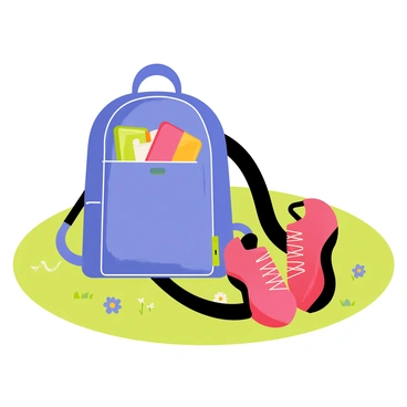 A school bag with a bright blue color is lying on the green grass. The bag is unzipped, revealing some colorful notebooks and a pencil case inside. Next to the school bag, there is a pair of red soccer cleats with black detailing, positioned with the shoelaces untied. The grass around them appears freshly mown, and a few small wildflowers are scattered nearby, adding a touch of color to the scene.