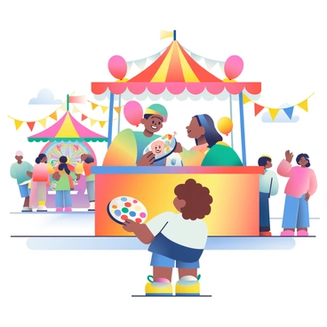 A child with curly brown hair is sitting in front of a colorful booth at a fair, eagerly awaiting their turn for face painting. The booth is adorned with bright, cheerful decorations, including balloons and streamers in shades of red, blue, and yellow. The face painter, an adult with a cheerful smile, is holding a palette filled with a variety of vibrant paint colors. The child has a look of excitement as they choose a design, while a line of other children can be seen waiting patiently in the background. The scene is filled with additional fair elements, such as a colorful carousel and bright tents, creating a lively atmosphere.