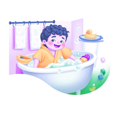 A child with curly hair, wearing a colorful rubber ducky bathrobe, is sitting in a white bathtub filled with frothy bubbles. The child has a big smile, with rosy cheeks, and is playfully splashing in the water. The bubbles are spilling over the edges of the tub, creating a whimsical scene. Surrounding the tub are bath toys, including a bright yellow rubber duck and a boat, adding to the cheerful atmosphere. The background shows a soft pastel-colored bathroom, with fluffy towels hanging nearby.