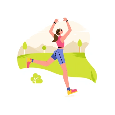 A woman in athletic clothing is stretching her arms above her head. She has long brown hair tied back in a ponytail. The early morning light casts a soft glow around her. The background features a park with green grass and a few trees. The sky is painted in light shades of orange and pink, indicating sunrise. Her running shoes are bright and colorful, contrasting with the earthy tones of the surroundings. There are faint outlines of distant hills in the background, completing the morning scene.