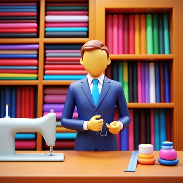 A tailor sewing a suit in a cozy workshop. The tailor is focused on a well-tailored jacket, with a needle and thread in hand. The workshop is filled with various fabrics, showcasing vibrant colors and patterns neatly arranged on shelves. A sewing machine sits on a wooden table next to spools of thread and measuring tapes. Soft lighting creates a warm atmosphere, highlighting the details of the tailor's craftsmanship.