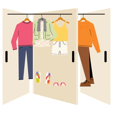 A wardrobe open to reveal stylish outfits for each season