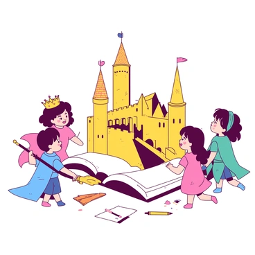 A yellow fairytale castle is prominently displayed in an open book, with large, colorful illustrations of tall towers and a drawbridge. Surrounding the book are three children: a boy wearing a blue cloak and a cardboard sword, a girl in a pink dress with a paper crown, and another girl wearing a teal knight's helmet. They are all gazing at the castle, lost in their imagination. The boy is striking a heroic pose as if preparing for battle, while the girls are playfully giggling. A few scattered crayons and sheets of paper are nearby, showcasing their creative ideas and drawings.