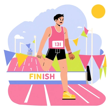 A marathon runner with a focused demeanor is crossing a brightly colored finish line. The runner is wearing a vibrant red tank top and black shorts, with a number bib pinned to their chest. Their expression shows determination, with sweat glistening on their forehead. The finish line features colorful banners fluttering in the wind, and a cheering crowd is visible in the background. The ground is marked with a running track, and the sun is shining brightly in a clear blue sky.