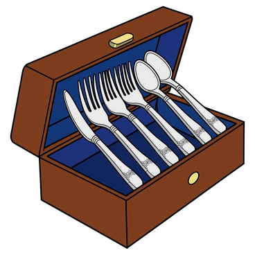 A luxurious silverware box made of polished wood with a rich, dark finish. The box is open, revealing an array of intricately designed fourchettes neatly arranged inside. Each fourchette features ornate handles with delicate engravings, showcasing intricate patterns. The metal of the fourchettes shines with a bright silver luster, reflecting light beautifully. The interior of the box is lined with deep blue velvet, contrasting with the brilliance of the silverware. The box has a subtle golden latch, adding an elegant touch to the overall presentation.