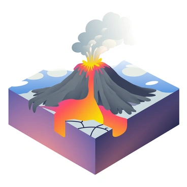 A large, erupting volcano is depicted at the center of the image, with molten lava flowing down its sides. The volcano has a dark gray, jagged rocky surface, contrasting with the bright orange and red lava. Surrounding the volcano, there are sections of a tectonic plate, with visible cracks and ridges, indicating the movement and stress caused by slab pull dynamics. Above the volcano, ash and smoke billow into the sky, creating a dramatic atmosphere. In the background, a gradient of deep blues and purples represent the ocean, emphasizing the volcanic hotspot's location. The scene captures the dynamic and energetic process of a volcanic eruption emerging from the tectonic plate.