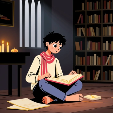 A young boy with dark hair and a distinctive red and white striped scarf is sitting cross-legged on a wooden floor in a shadowy school library. He is focused on an ancient book with worn, yellowed pages, which he holds open in his lap. The library is filled with high shelves stacked with dusty books, and dim light filters through tall, arched windows, casting long shadows. A few flickering candles are placed on a nearby table, providing a warm glow. Some scattered papers and an abandoned ink pot can be seen beside him, adding to the atmosphere of mystery.