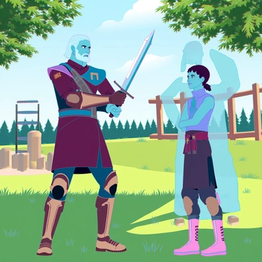 A witcher training a young apprentice in sword fighting at an open field training ground