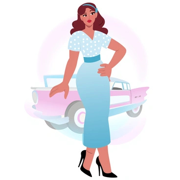 A woman in a vintage outfit showcasing classic 1950s makeup style.