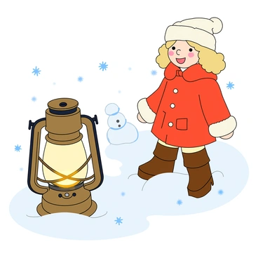 An old-fashioned lantern with a glass and metal design is placed on the ground, emitting a warm, glowing light. A little girl with curly blonde hair is standing nearby, wearing a bright red coat and a fluffy white hat. She has round rosy cheeks, and her eyes are wide with wonder as she gazes at the lantern. Snowflakes are gently falling around her, and the ground is covered in a thick layer of fresh white snow. The girl's brown boots are partially buried in the snow, and a few snowmen can be seen in the background, adding to the wintery scene.
