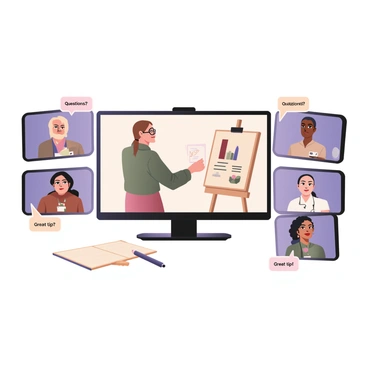 A digital flat illustration depicting a virtual webinar setting. In the center, there is a large computer screen showcasing a presenter demonstrating illustration techniques. The presenter has brown hair and is wearing glasses, standing in front of an easel with a sketch on it. On the sides of the screen, there are smaller windows showing diverse participants. The participants have various skin tones and hair styles, engaged and taking notes. Each participant has their own unique background, such as a cozy home office or a colorful art studio. There are speech bubbles with "Questions?" and "Great tip!" above some participants. A notepad and pen are visible in the foreground, indicating the interactive nature of the webinar.