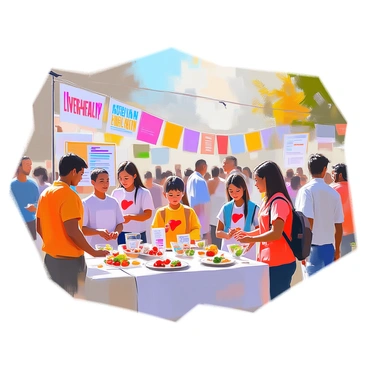 A lively community event dedicated to "liver health," featuring various informational booths. Each booth displays educational materials and brochures about liver health and wellness. Colorful banners hang above, showcasing slogans related to liver care. Attendees of diverse backgrounds engage in discussions with health professionals, while some participate in activities designed to promote awareness, such as interactive demonstrations and health screenings. Children are seen playing games related to healthy eating, and there are samples of nutritious foods available for tasting, creating an atmosphere of learning and engagement.
