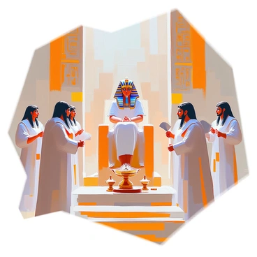 A pharaoh with a regal headdress and intricate gold jewelry is seated on a grand throne adorned with hieroglyphics and decorative motifs. The throne is elevated, showcasing the pharaoh's importance in the royal ceremony. Surrounding the pharaoh are several attendants dressed in elegant linen garments, each holding ceremonial items such as fans and offerings. Priests, wearing traditional attire and carrying incense burners, stand in reverence, their expressions conveying solemnity. The background features ornate columns decorated with ancient symbols, enhancing the grandeur of the royal setting.