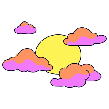 A sunset sky filled with fluffy clouds that display vibrant shades of pink and yellow, mirroring the colors of a grapefruit's peel and flesh. The clouds are scattered throughout the sky, creating a soft gradient effect as they transition from deep orange at the horizon to lighter pink and yellow hues higher up. The setting sun casts a warm glow, enhancing the fruit-inspired colors and adding a sense of depth to the scene.