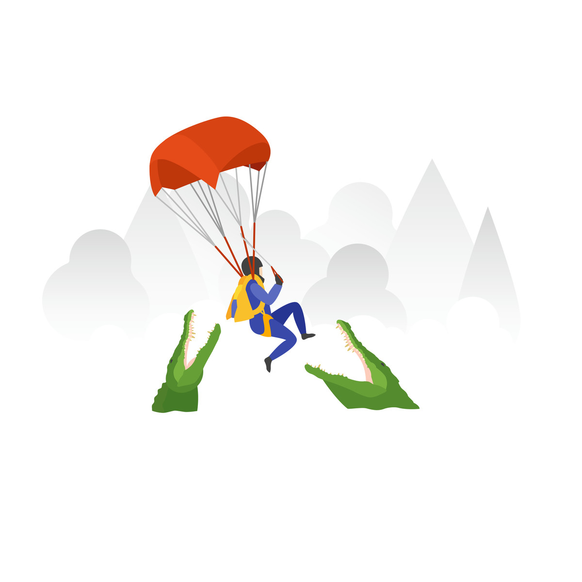 Ilustración Parachutist trying to avoid dangerous crocodiles en estilo Fogg a descargar en PNG y SVG