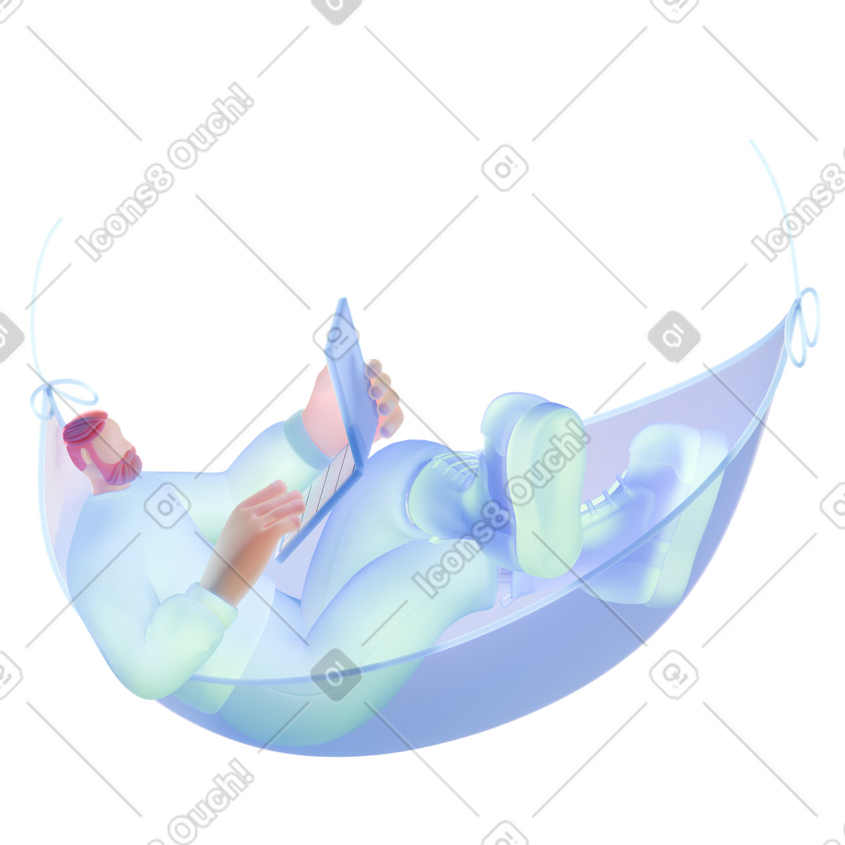 Mann in leuchtender kleidung liegt einer hängematte-Illustration im 3D Airy-Stil als Download PNG, SVG