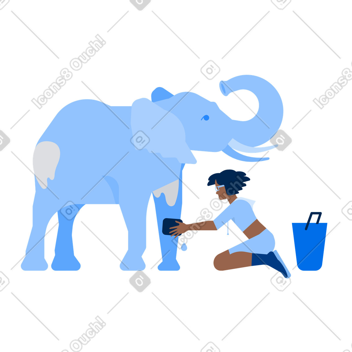 Caring zoo volunteer cleaning elephant, animal care and support illustration in Urban style download in PNG, SVG