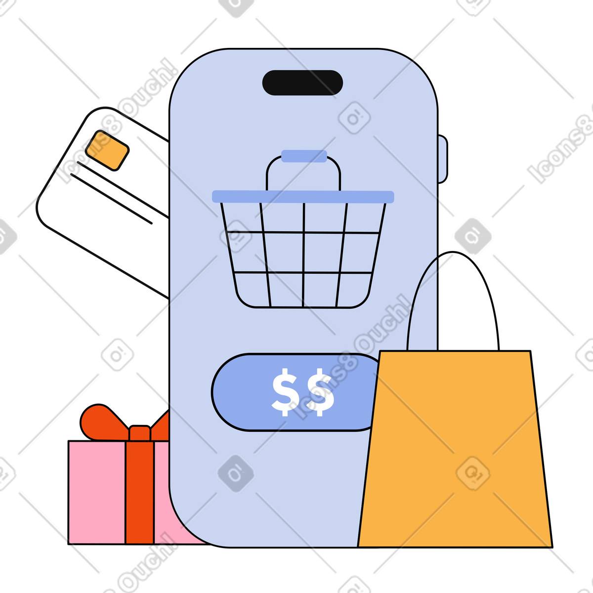 Ilustración Compras móviles: pago de pedidos online en estilo Bloom a descargar en PNG y SVG