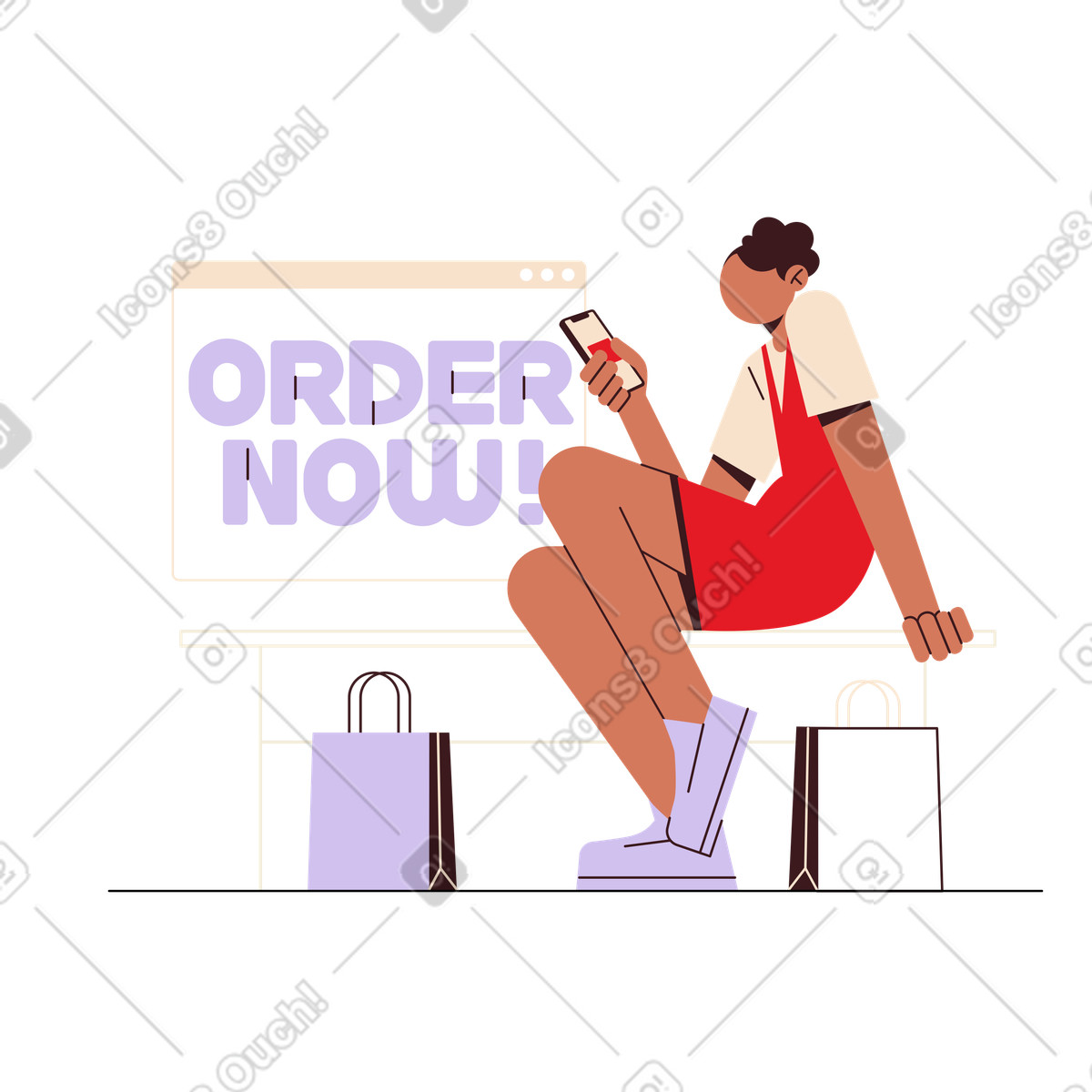 Illustration Commandez maintenant ! avec une fille faisant du shopping en ligne dans le style Folks à télécharger aux formats PNG, SVG