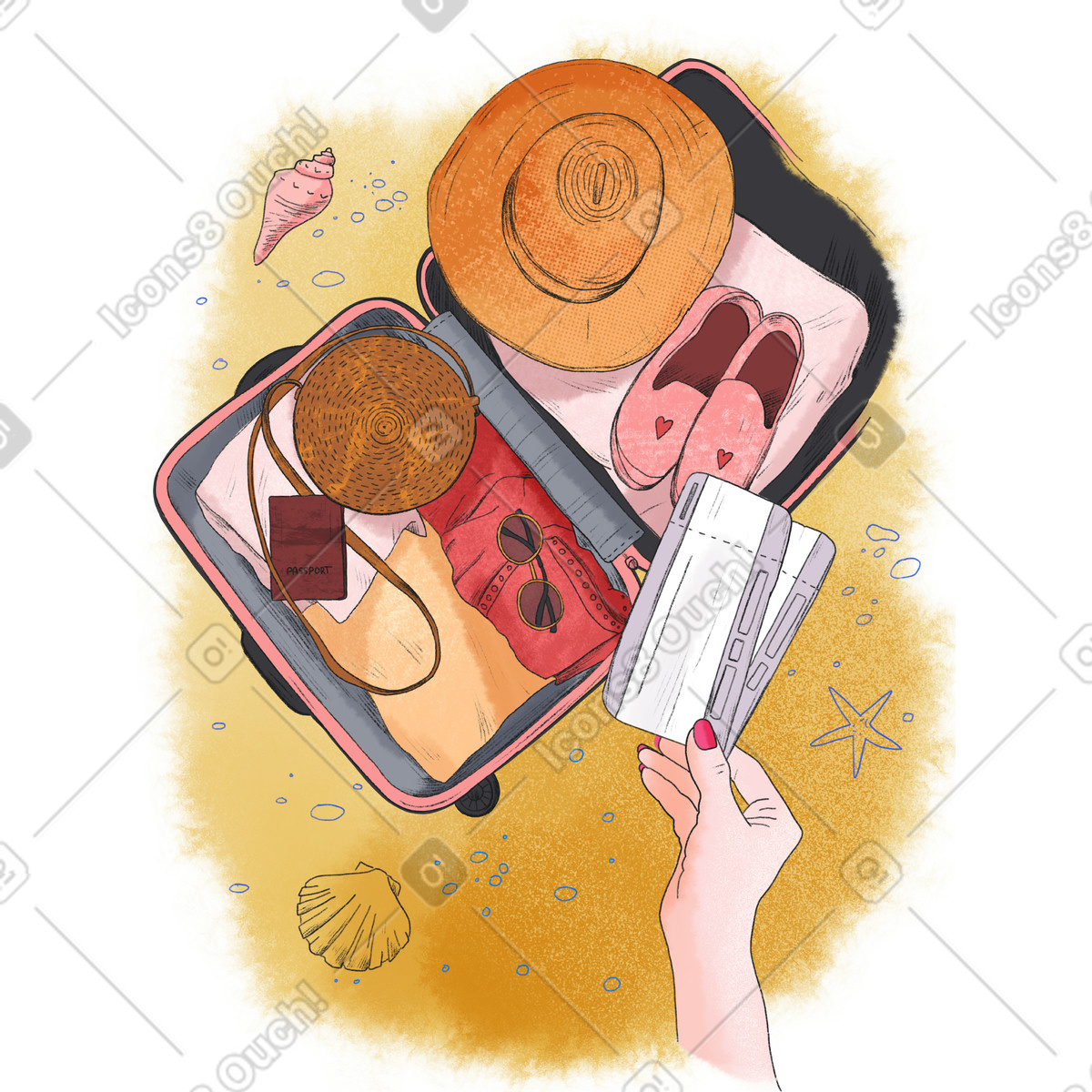 Suitcase with things for a trip to the sea illustration in Moments style download in PNG, SVG