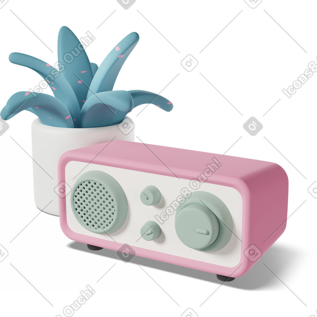 3D Casual life 스타일의 Three-quarter view of radio and plant 일러스트레이션 PNG, SVG 다운로드