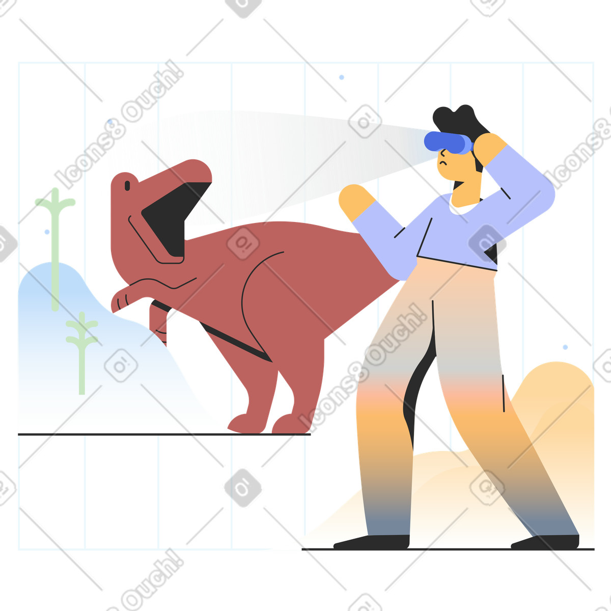 Uomo con visore vr nel mondo dei dinosauri illustrazione in stile Marginalia scarica in PNG, SVG