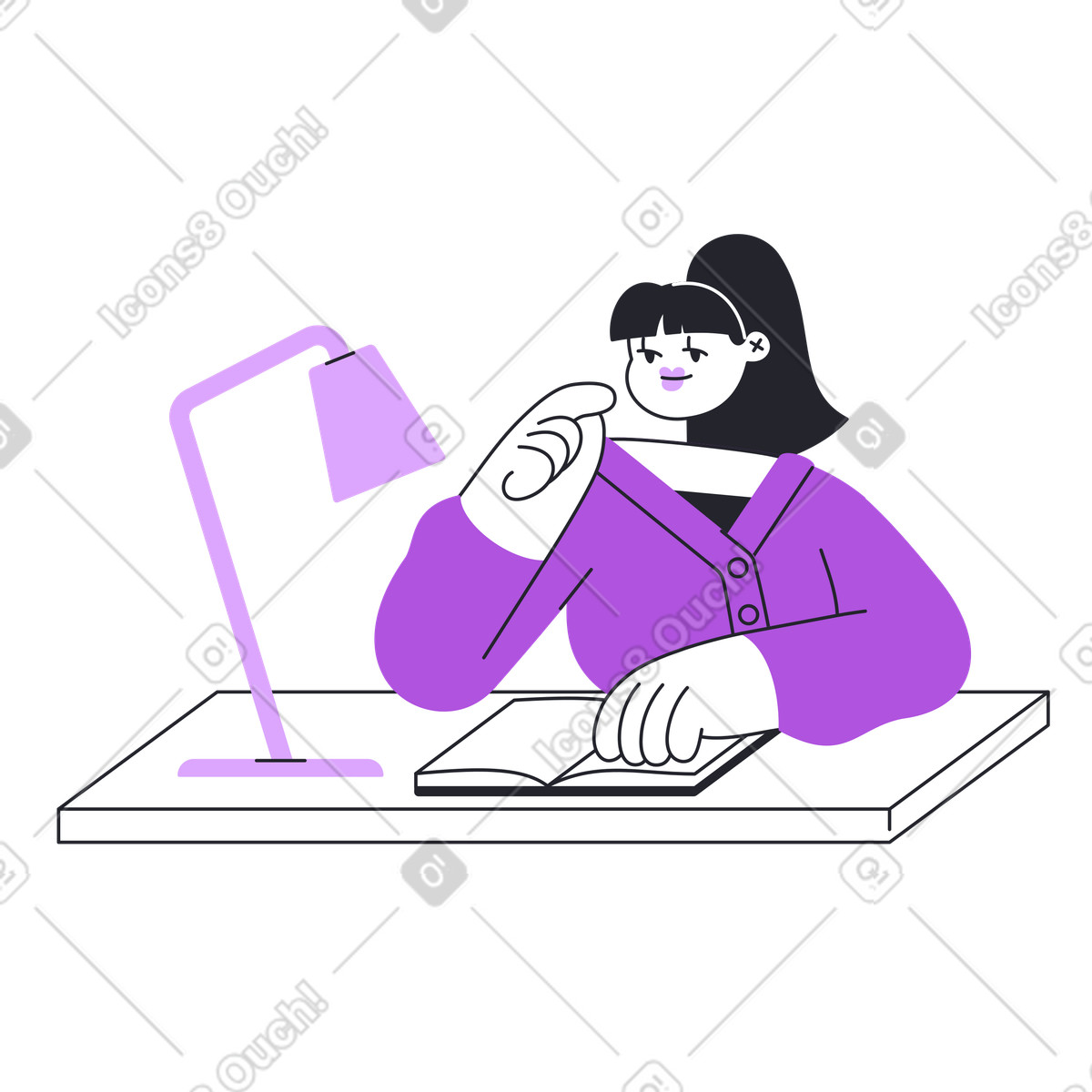 Grapy 스타일의 Studying with book at table, Self-development or doing homework 일러스트레이션 PNG, SVG 다운로드