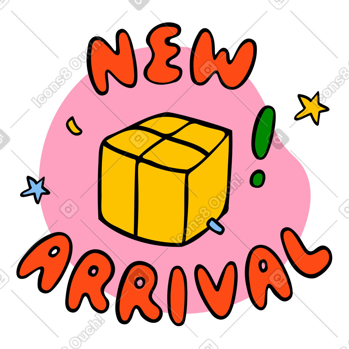 Text new arrival with box illustration in Comic style download in PNG, SVG
