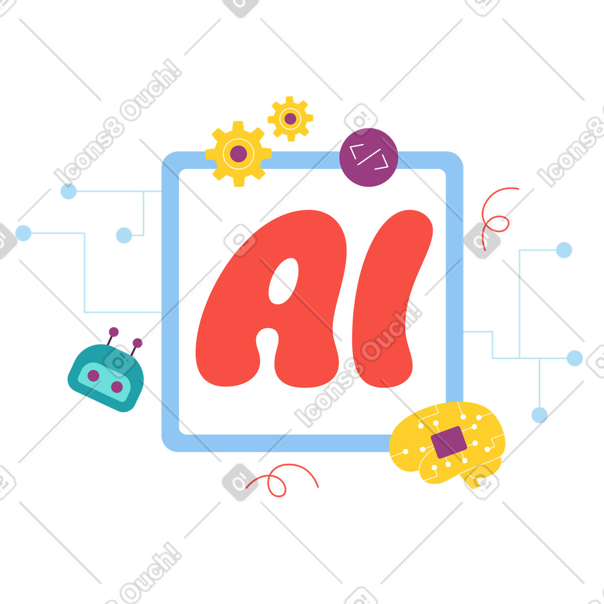 Ilustración Playful ai text with circuits, machine learning and artificial intelligence en estilo Sammy a descargar en PNG y SVG