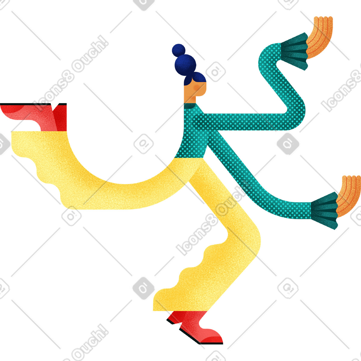 Dancing person with yellow pants and blue hair illustrazione in stile Willowy scarica in PNG, SVG