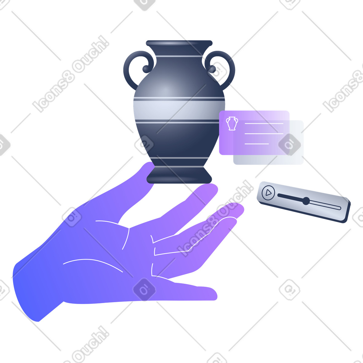 Hand presenting a vase with digital info card and media player, Interactive learning in museums, AR museum experience illustration Lucent style download PNG, SVG