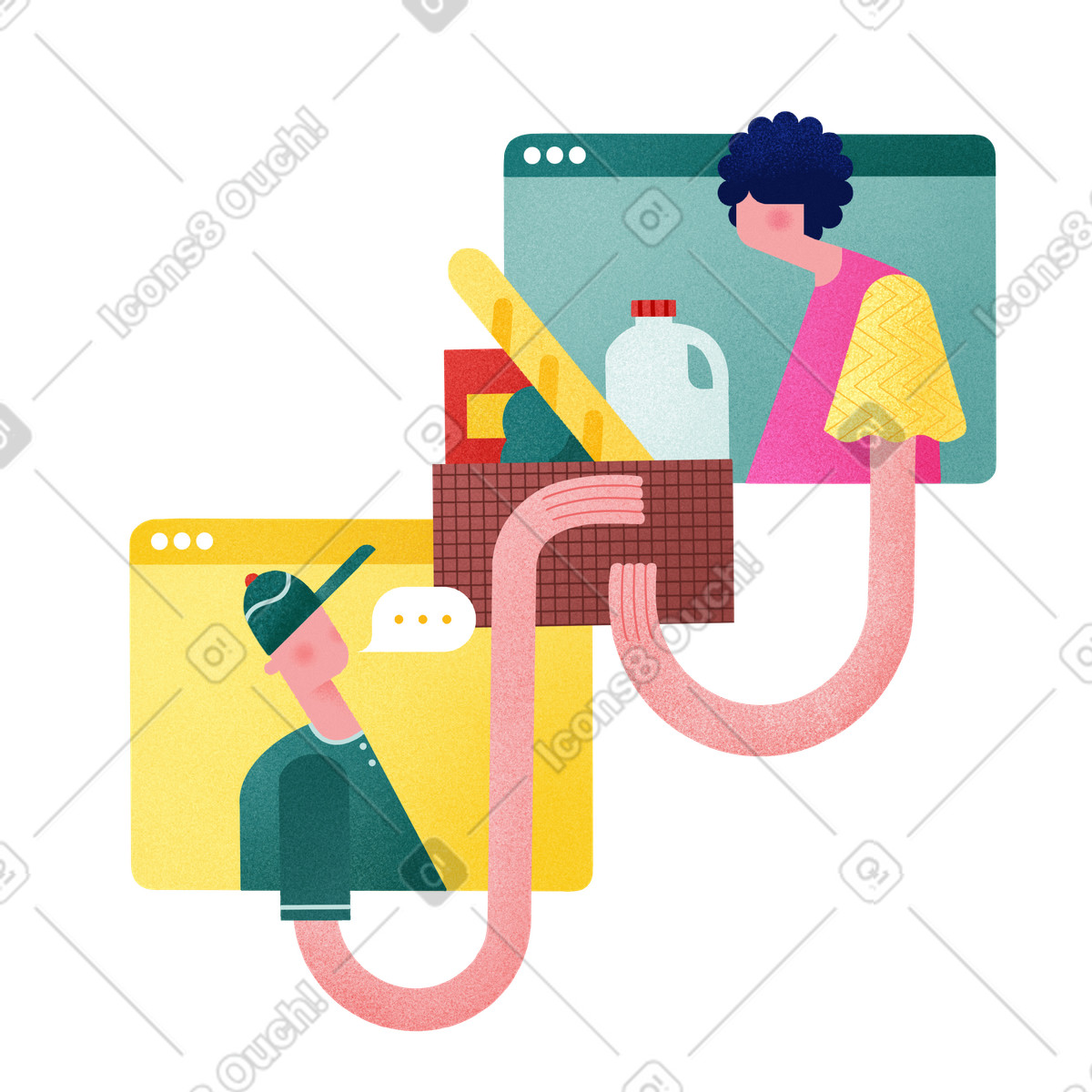 Illustration Grocery transfer from delivery worker to customer, Remote food ordering dans le style Willowy à télécharger aux formats PNG, SVG