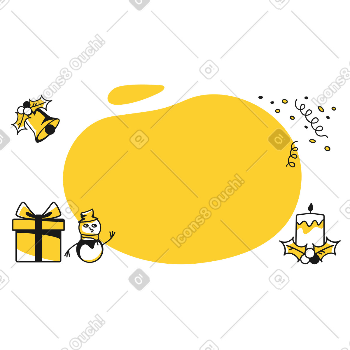Christmas decorations with jingle bell, snowman and candle illustration in Taxi style download in PNG, SVG