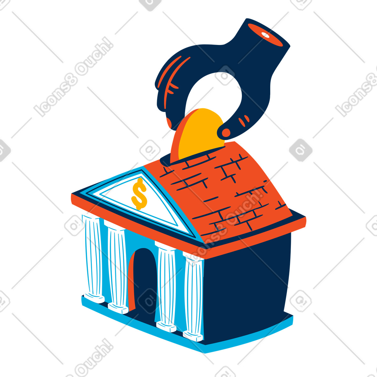 Hand invests money in the bank illustration Flame style download PNG, SVG