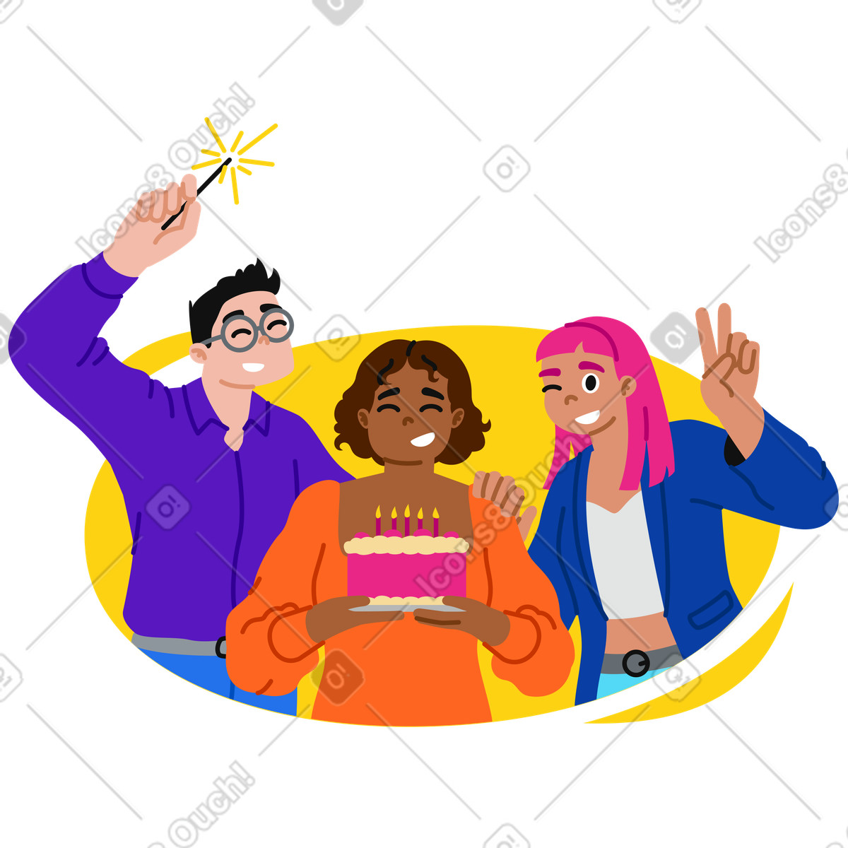 Happy young people celebrating birthday illustration in Active style download in PNG, SVG