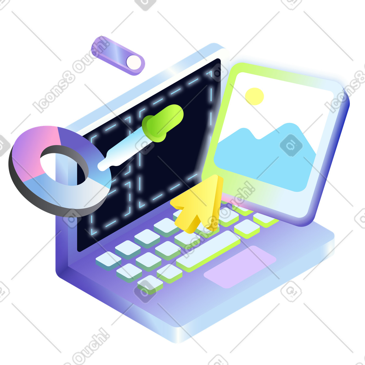 Laptop with digital design application, Content creation workflow illustration in Isotech style download in PNG, SVG