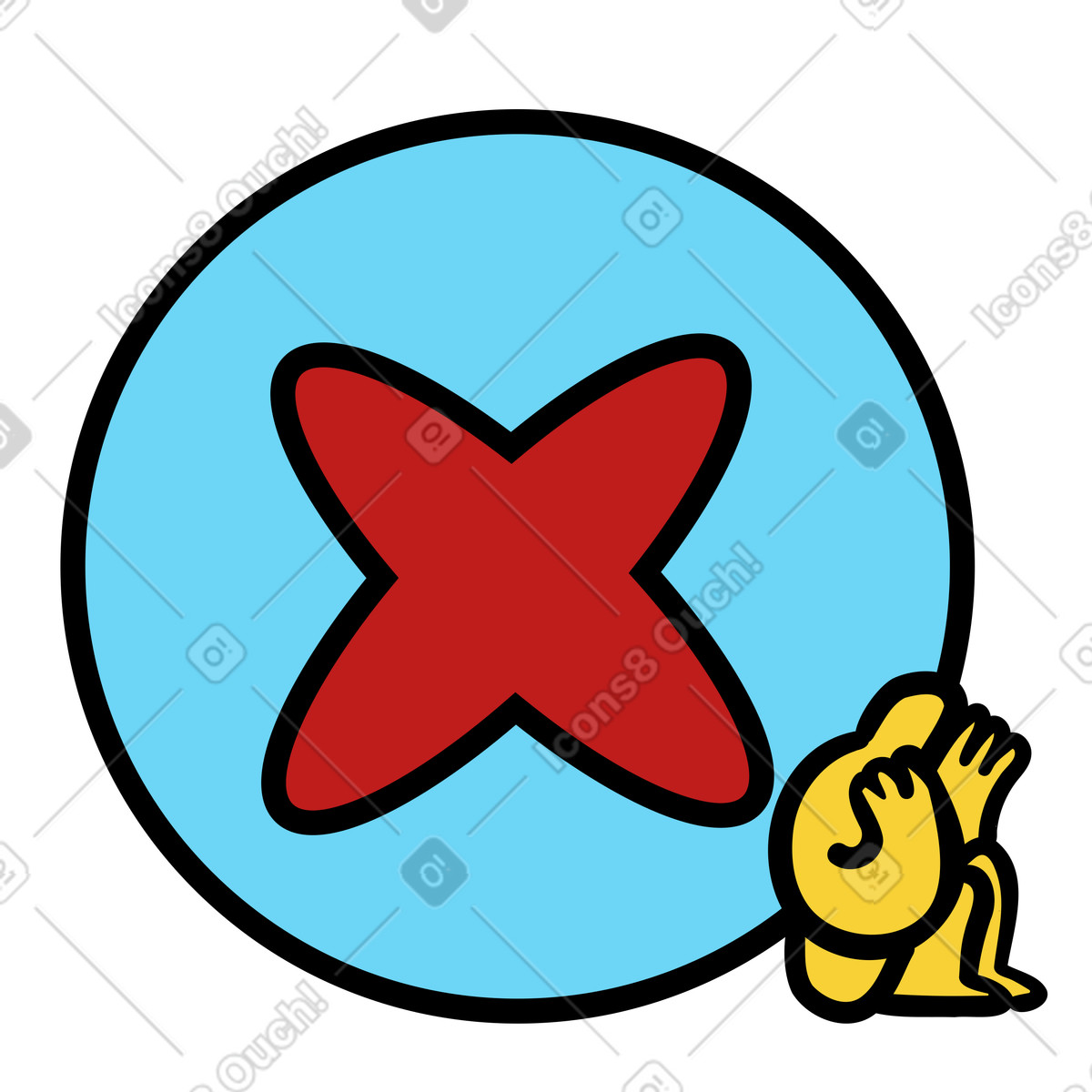 Person sitting near X mark error symbol, waiting illustration in Wiggle style download in PNG, SVG