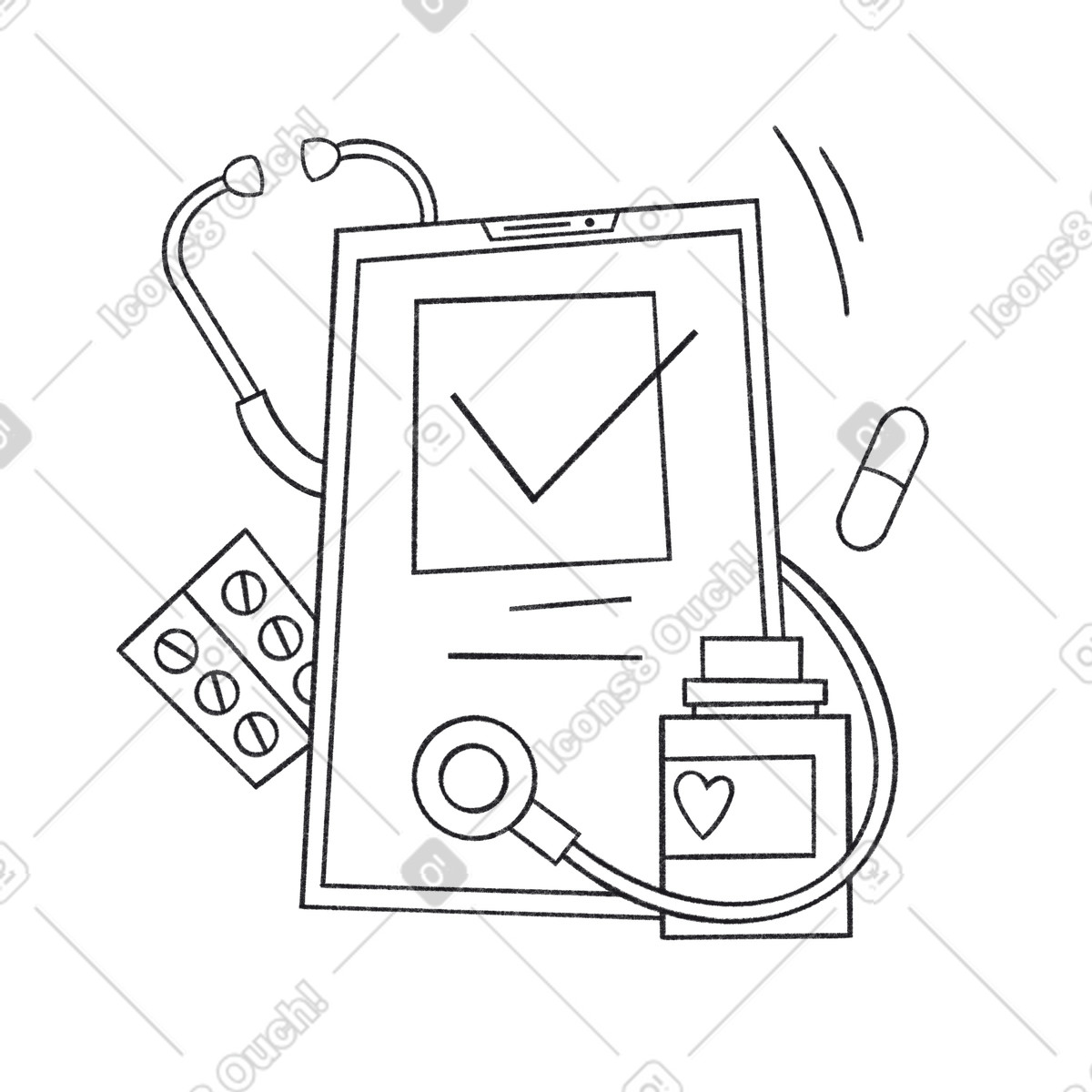 Ilustração de Hhone com serviço medicina online comprimidos e estetoscópio em no estilo Bonbon Line para baixar em PNG, SVG