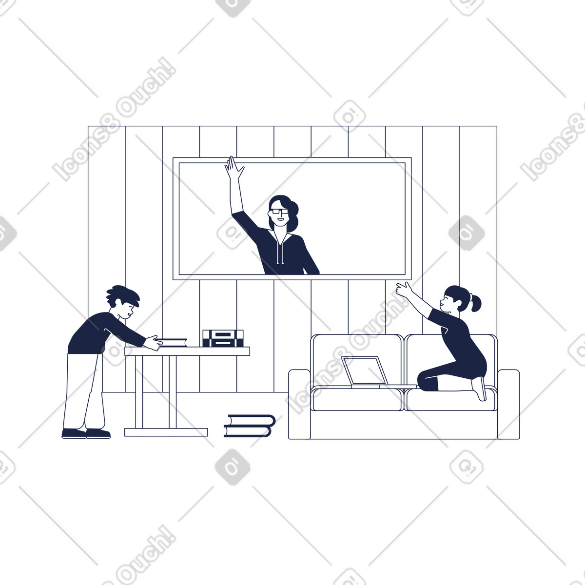 Teacher giving online class to kids at home, Homeschooling setup for children-Illustration im Urban Line-Stil als Download in PNG, SVG